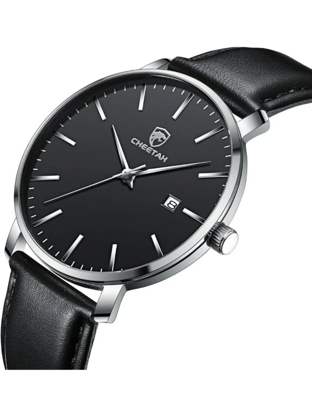 Men's Silver/Black Leather Strap Minimalist Waterproof Quartz Date Wrist Watch